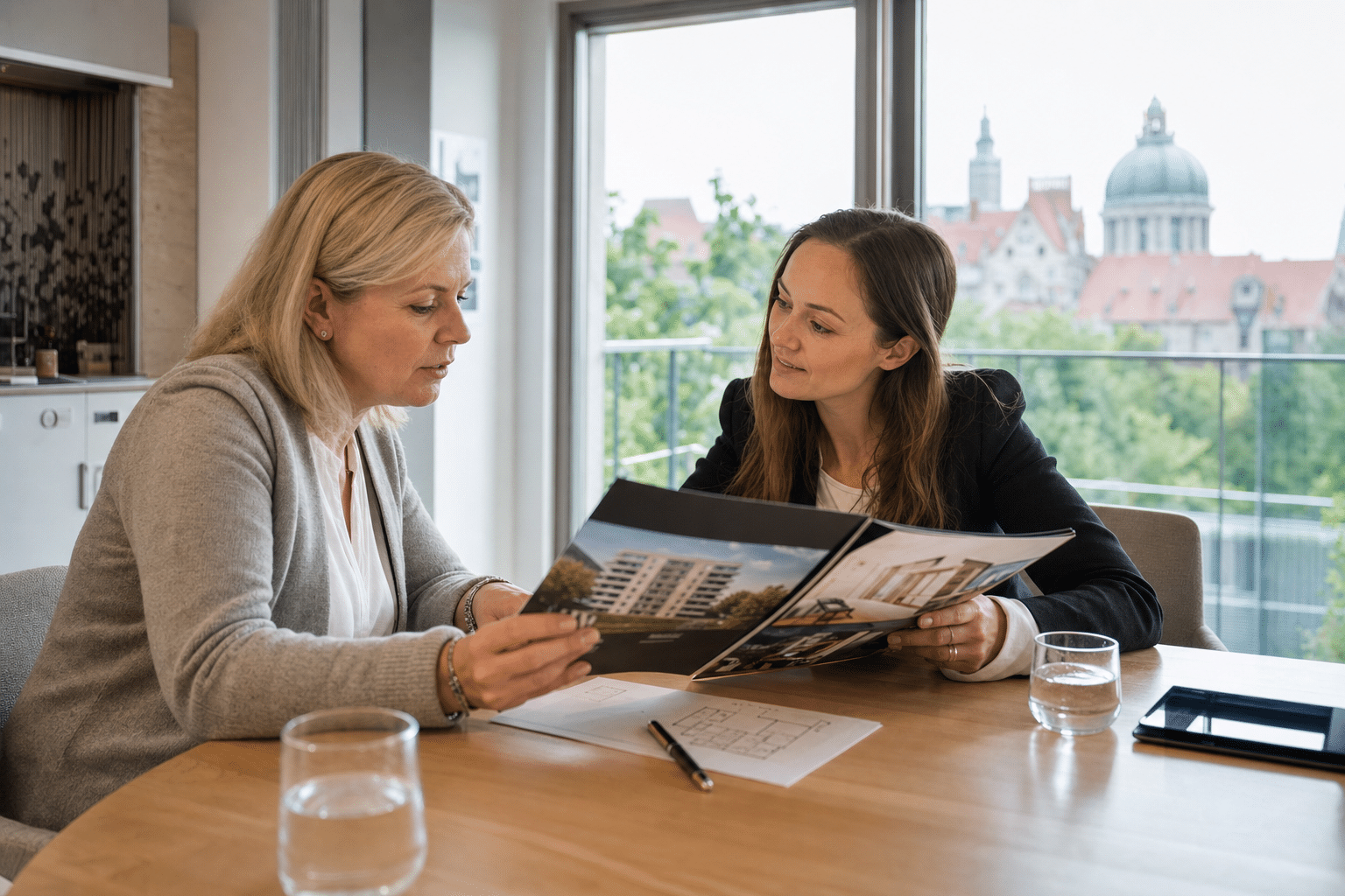 Eigentümer und Maklerin besprechen ein Exposé am Tisch einer hellen Wohnung