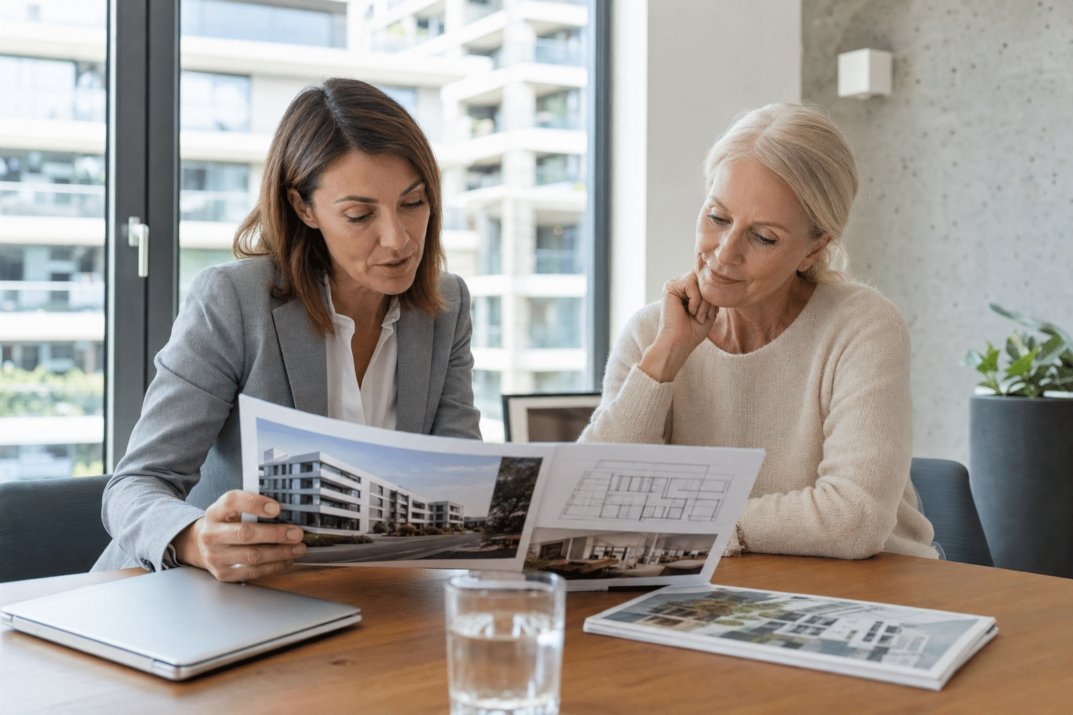 Eigentümerin und Immobilienmakler prüfen gemeinsam ein gedrucktes Exposé am Besprechungstisch
