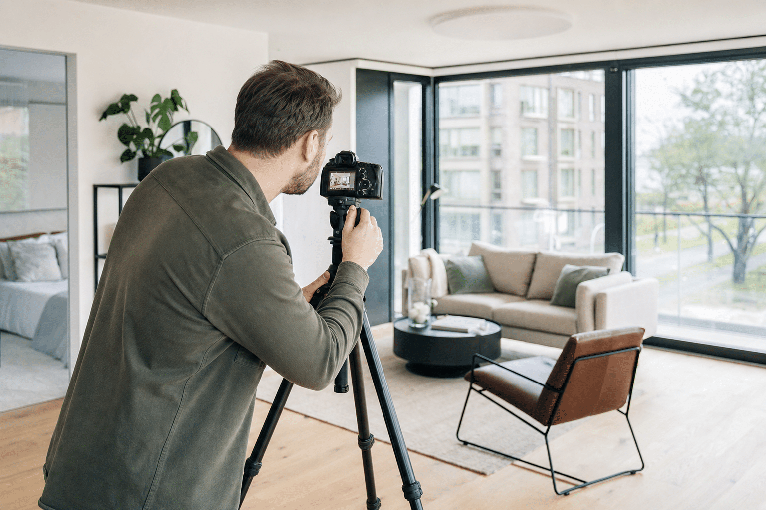 Immobilienfotografin richtet Kamera und Stativ in einem hellen Wohnzimmer aus