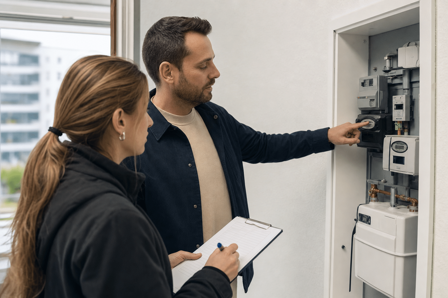 Vermieter und Mieter dokumentieren Zählerstände bei der Schlüsselübergabe