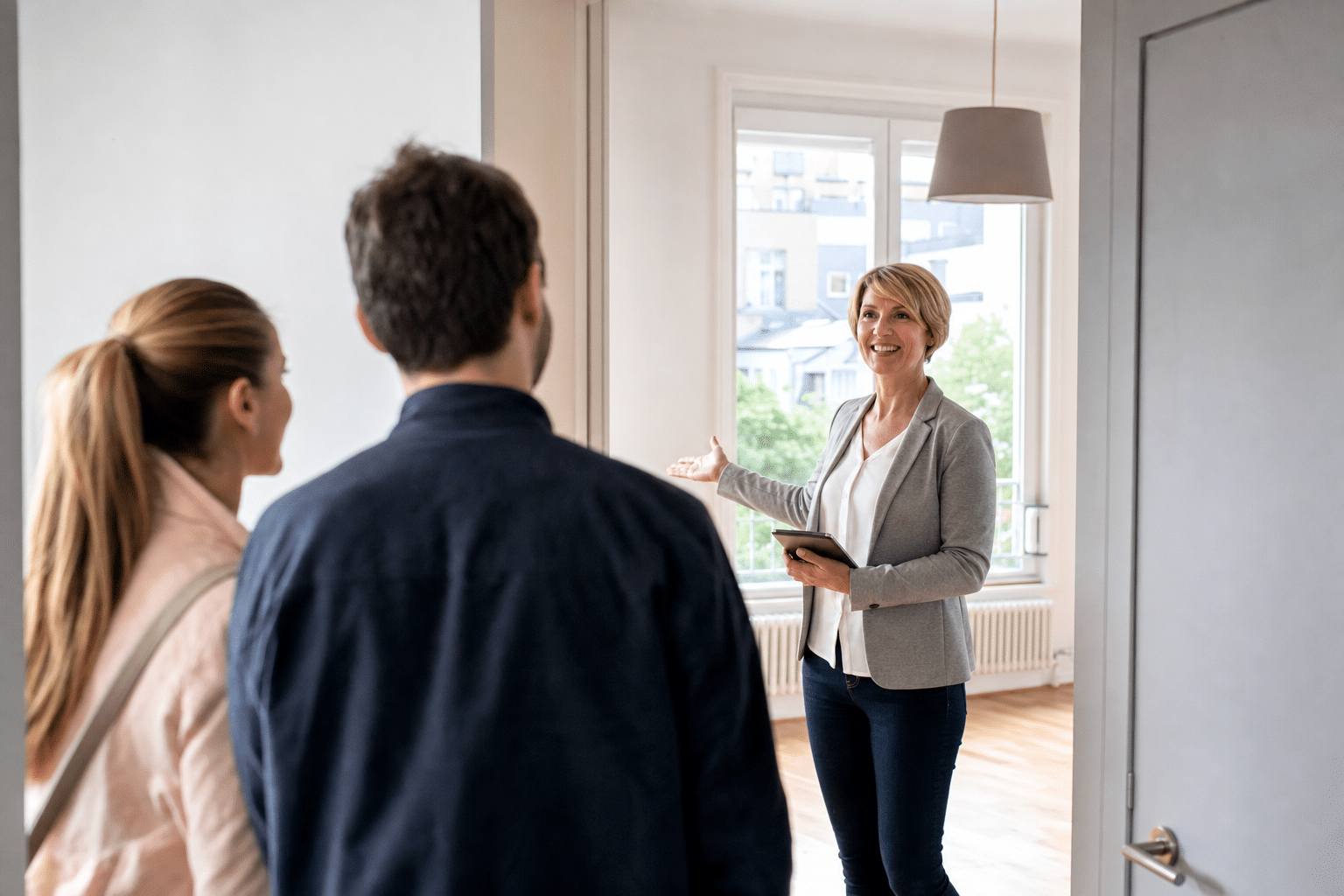 Vermieterin begrüßt Mietinteressenten bei einer Wohnungsbesichtigung