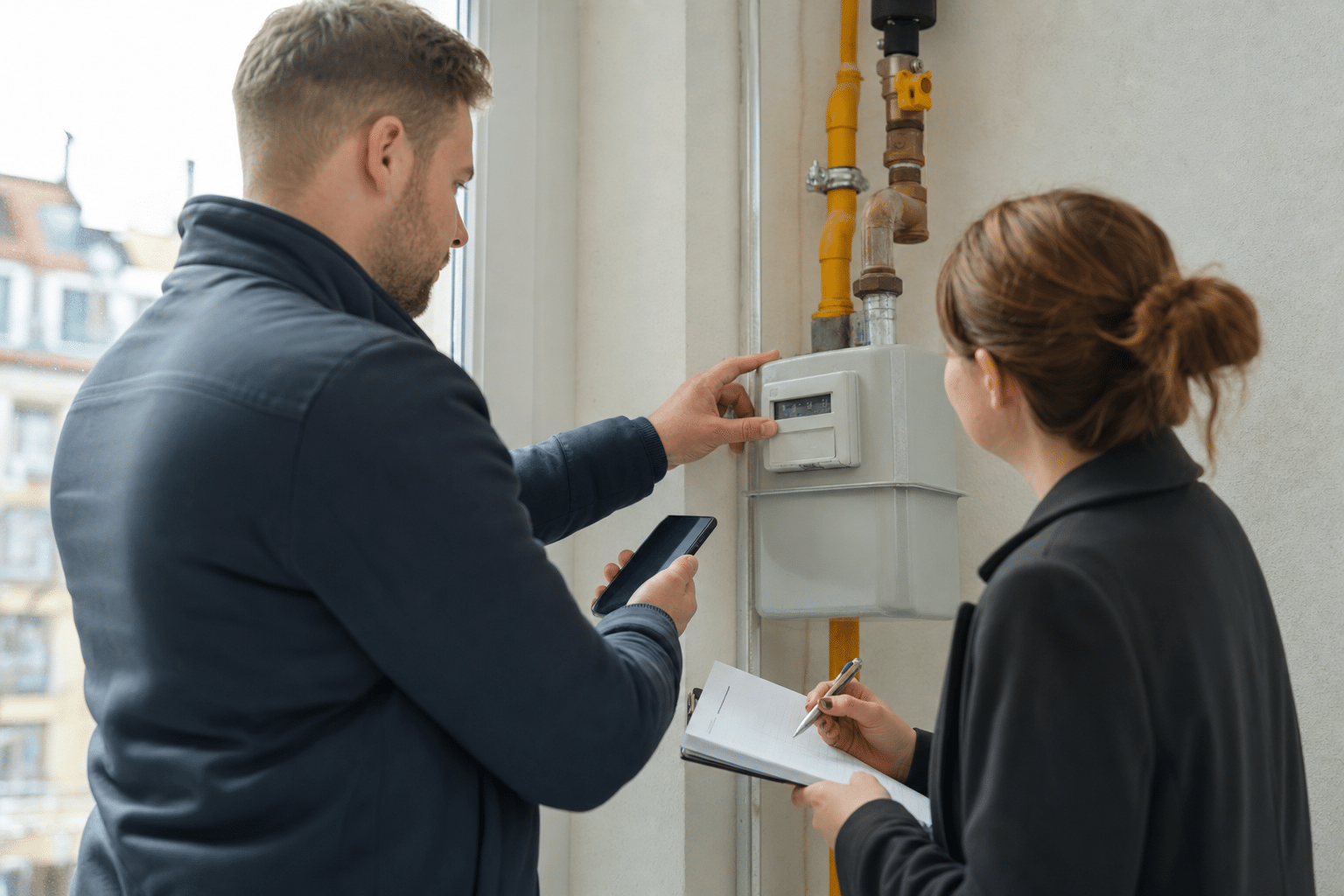 Vermieter und Mieter dokumentieren bei der Hausübergabe gemeinsam einen Zählerstand
