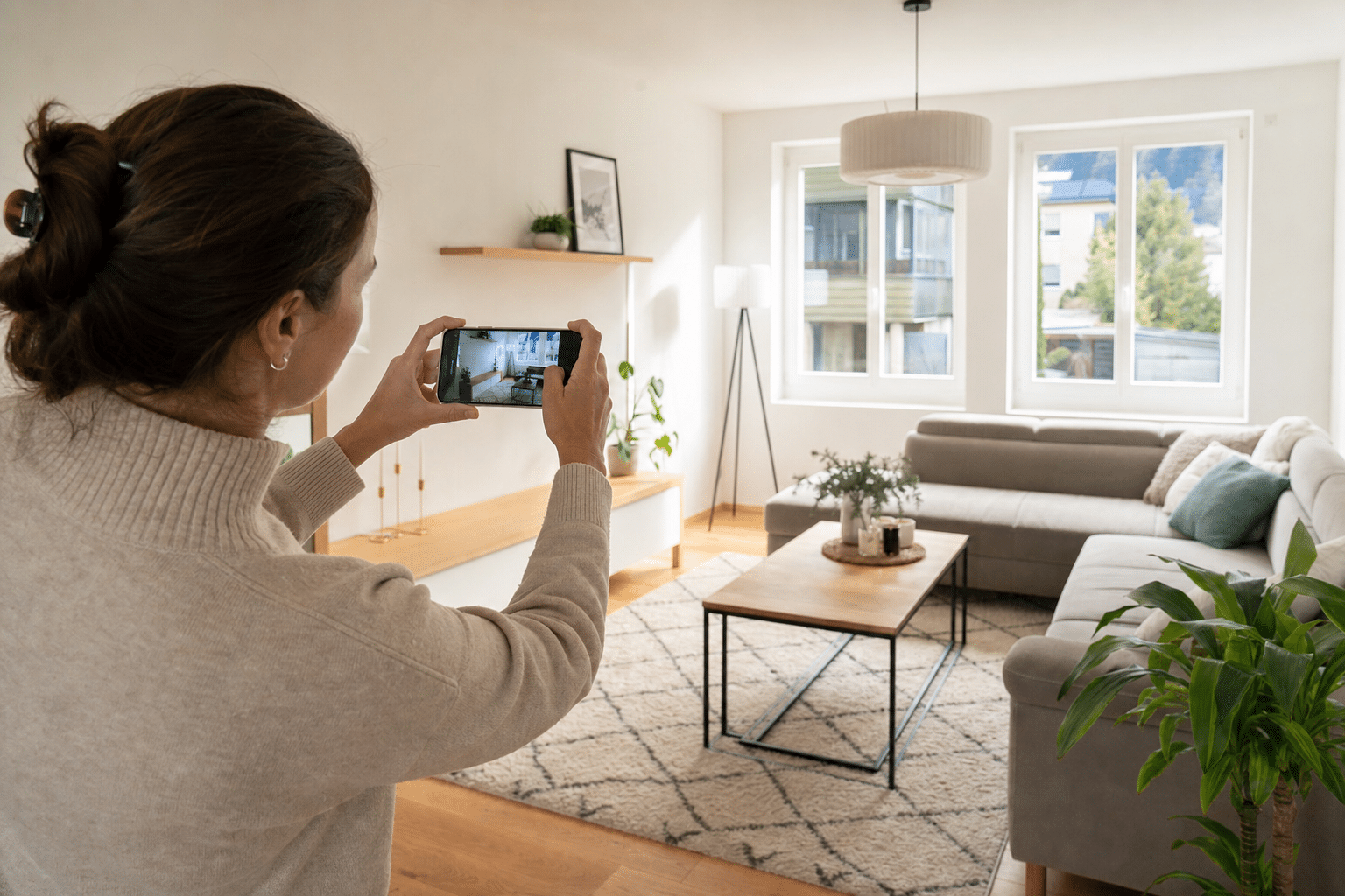 Eigentümer fotografiert einen hellen Wohnraum für das Immobilienexposé