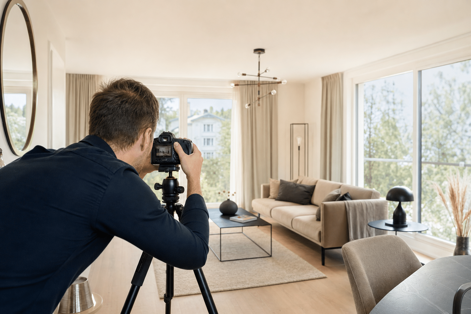 Fotografin nimmt ein helles Wohnzimmer mit Stativ und Weitwinkelkamera auf